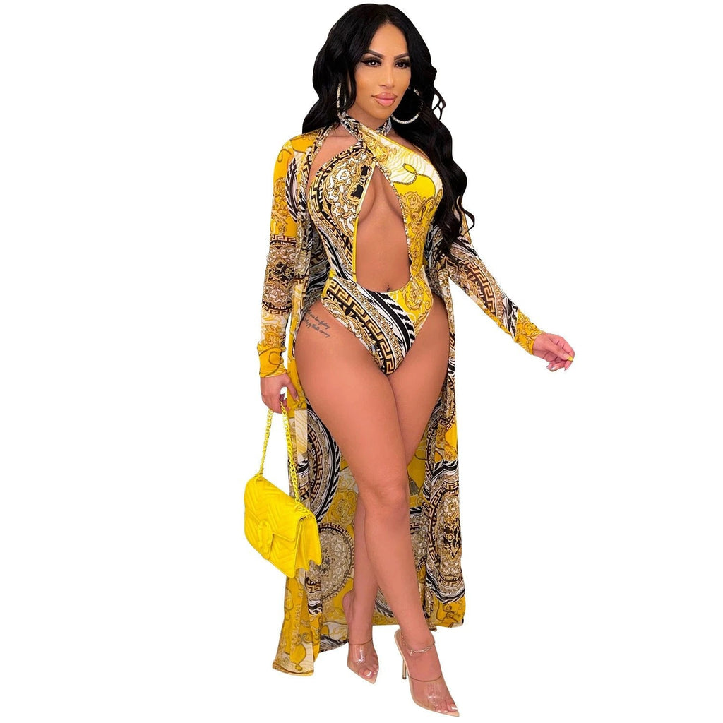 Long Sleeve cover up one piece Swimsuit set