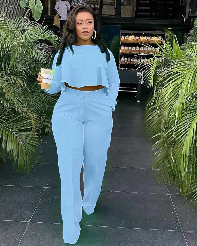Elegant Work Wear Two Piece Set Fall Clothes for Women Ruffles Crop Top and Wide Leg Pants Suits Matching Sets Sexy Club Outfits