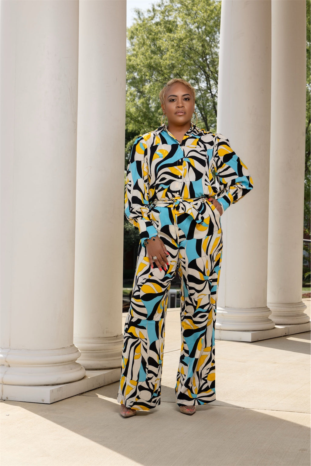 Blue, Yellow & Cream Abstract Pant & Blouse Set