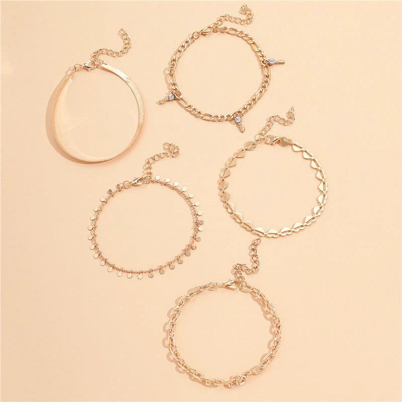 5 Pcs Women Fashion Gold Color Heart Crystal Key Anklets For Women Trendy Snake Chain Anklets For Women Foot Jewelry Gifts