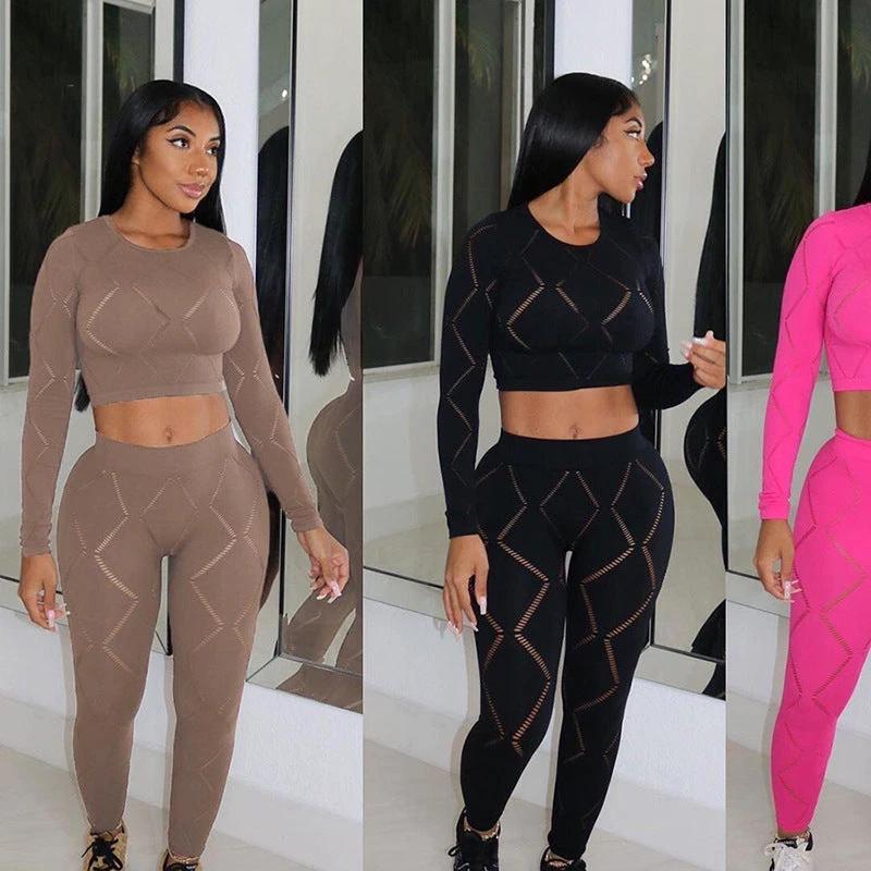 Women's Hollow-out Ripped High Waist Tight Pants Casual Sports Suit