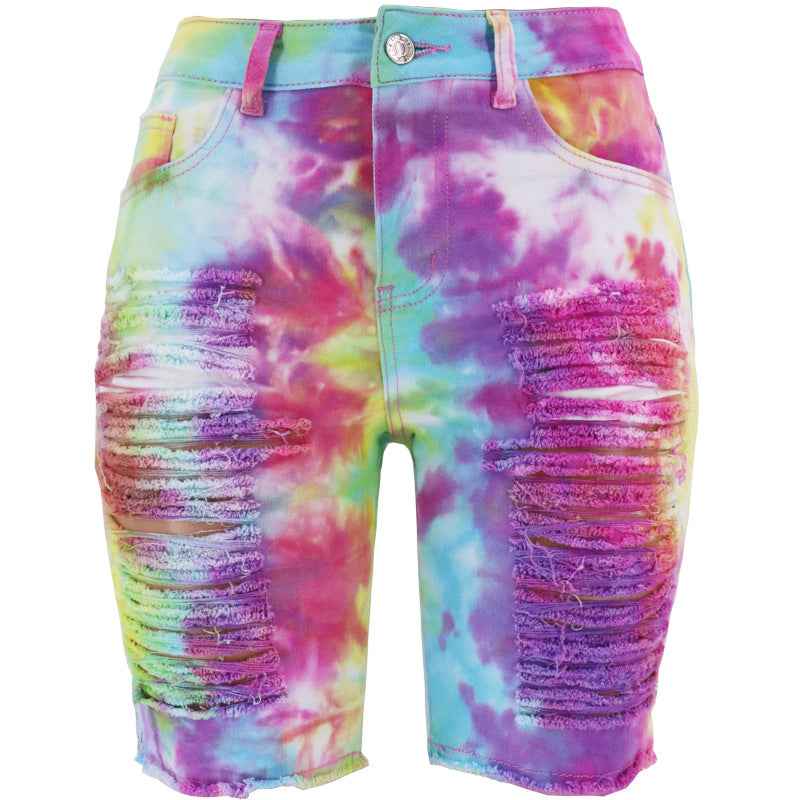Waist Tie-Dyed Ripped Denim Bottoms