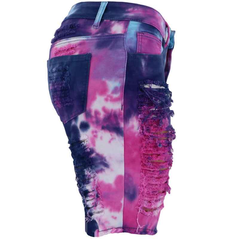 Waist Tie-Dyed Ripped Denim Bottoms