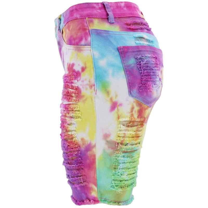Waist Tie-Dyed Ripped Denim Bottoms