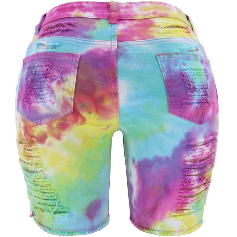 Waist Tie-Dyed Ripped Denim Bottoms