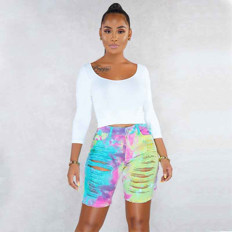 Waist Tie-Dyed Ripped Denim Bottoms