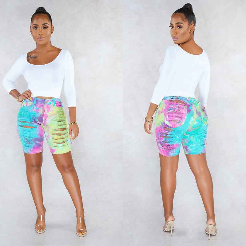 Waist Tie-Dyed Ripped Denim Bottoms