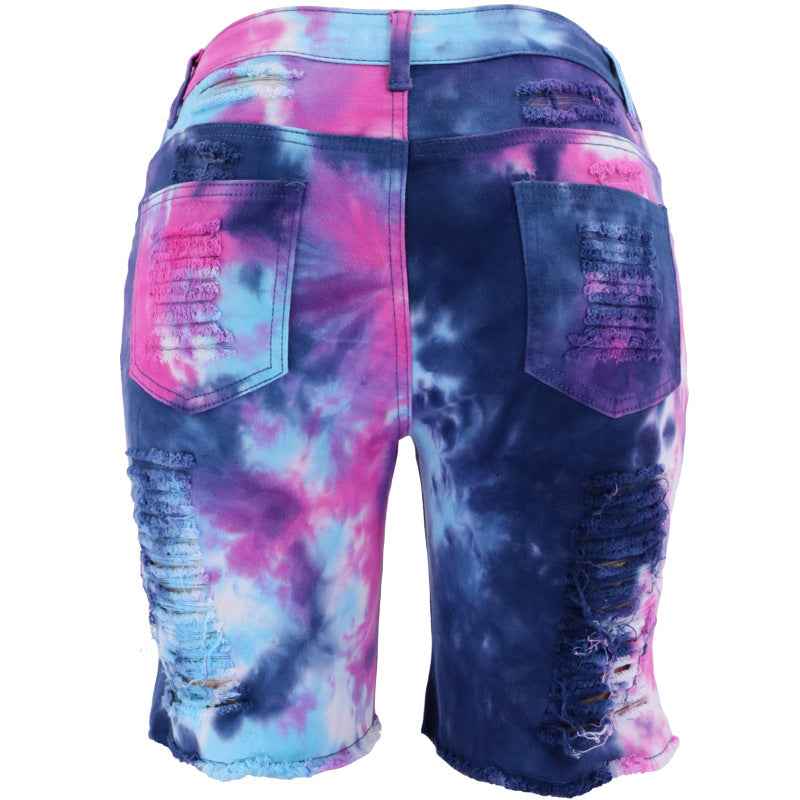 Waist Tie-Dyed Ripped Denim Bottoms