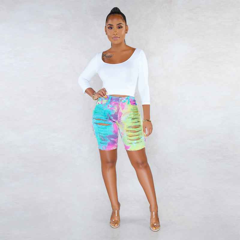 Waist Tie-Dyed Ripped Denim Bottoms