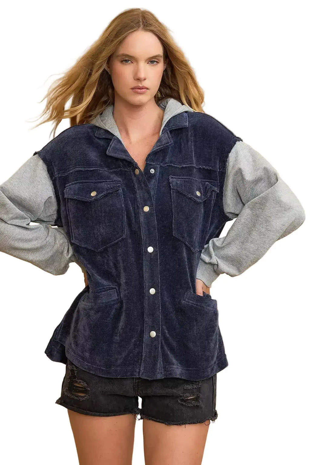 Umgee Contrast Hooded Chenille Jacket