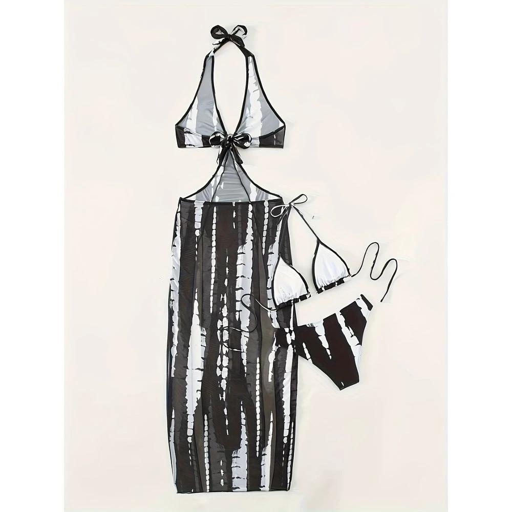 European And American Women's Swimsuit Sunscreen Bikini Three Piece Set Striped Printed Mesh Beach Vacation Sunscreen Swimsuit Women
