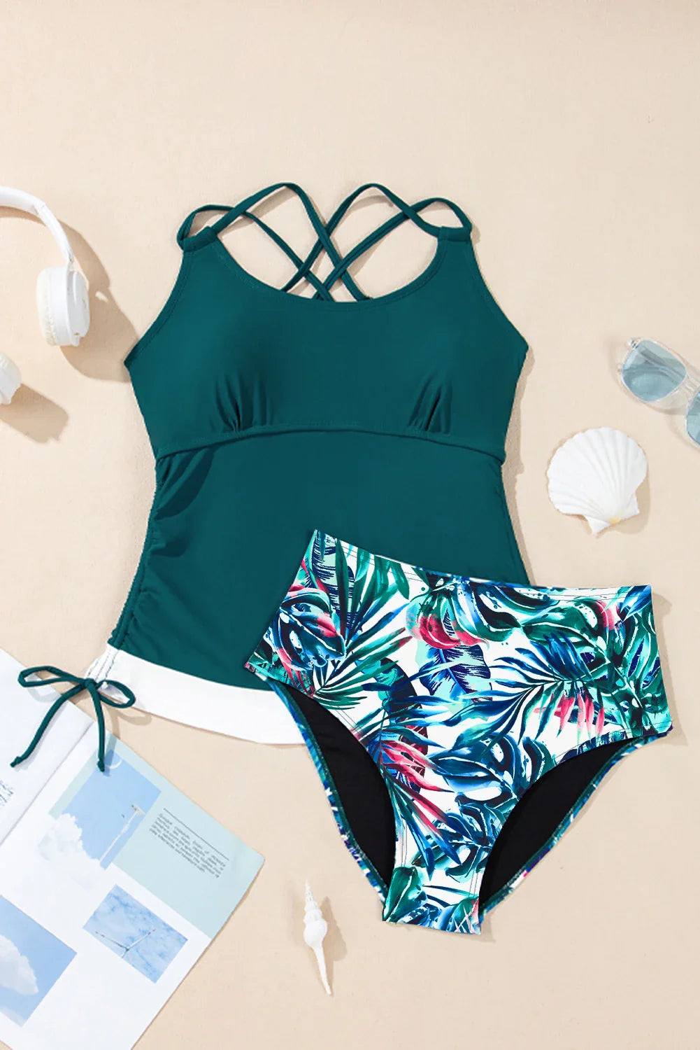 Color Block Tankini Top & Floral Swim Shorts