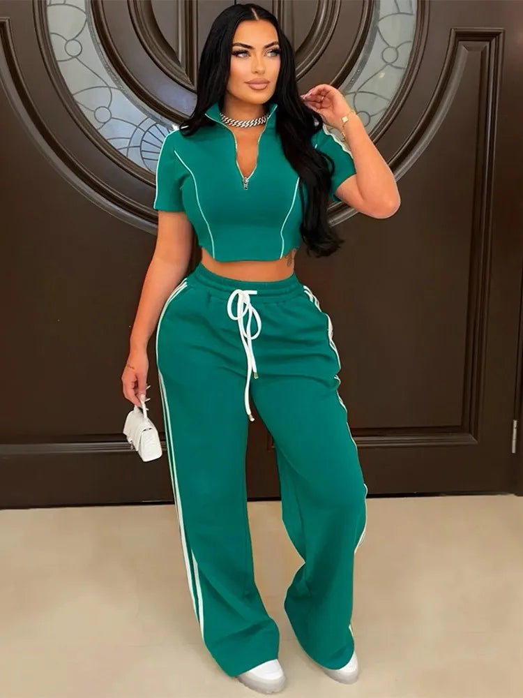 Fashion Casual Short Hoodie 2 Piece Women Summer Zipper Top Short Sleeved Sports T Shirt Stripe Splicing Long Pants Female Suit
