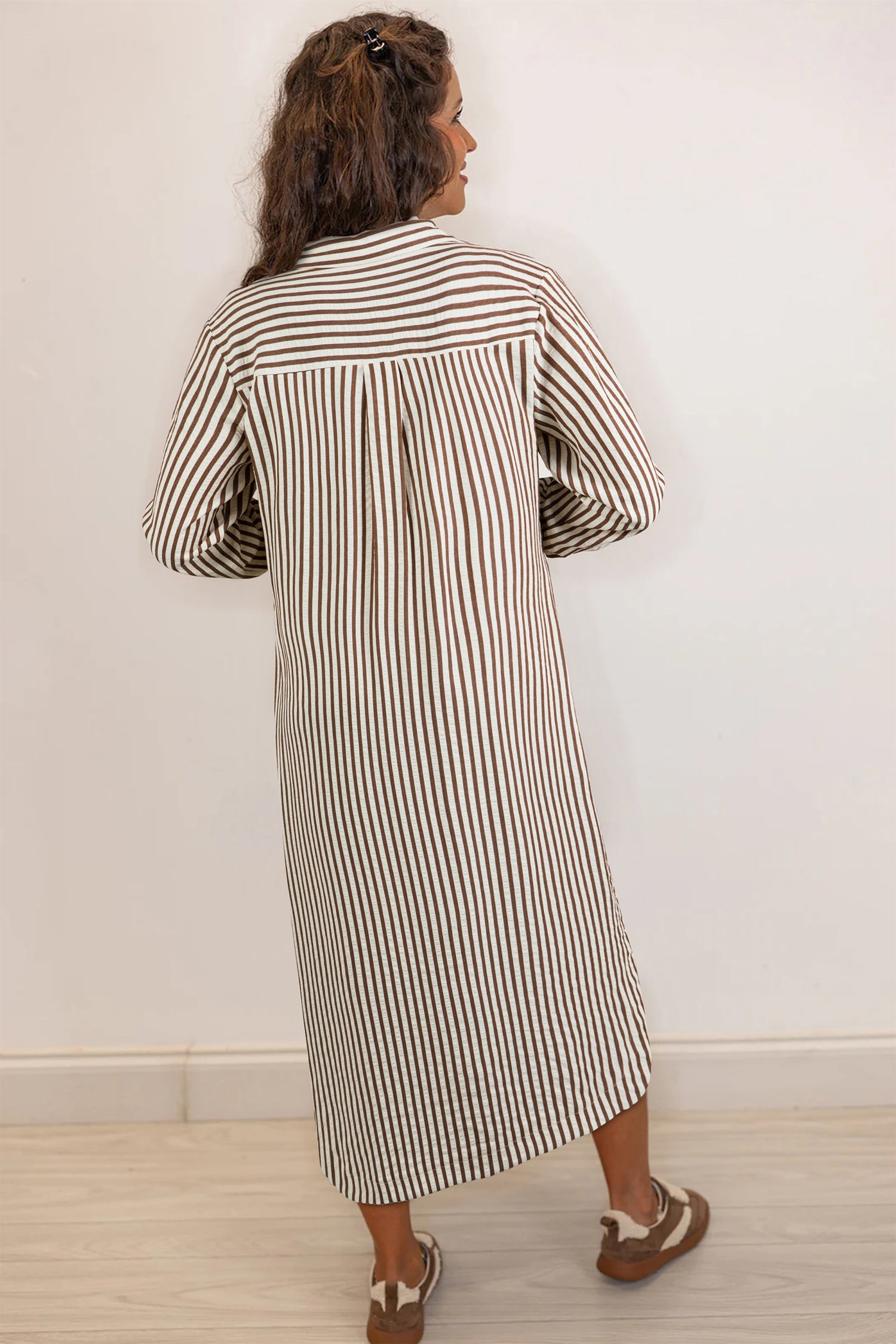 Stripe Textured 3/4 Sleeve Split Hem Midi Dress