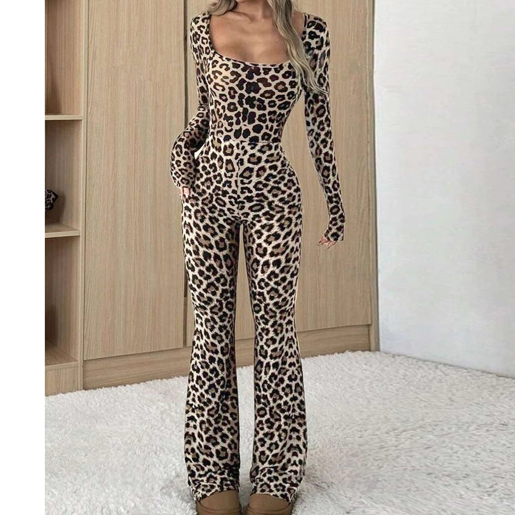 Women's Slim-fit Hip-wrapped Square Collar Leopard Print Jumpsuit