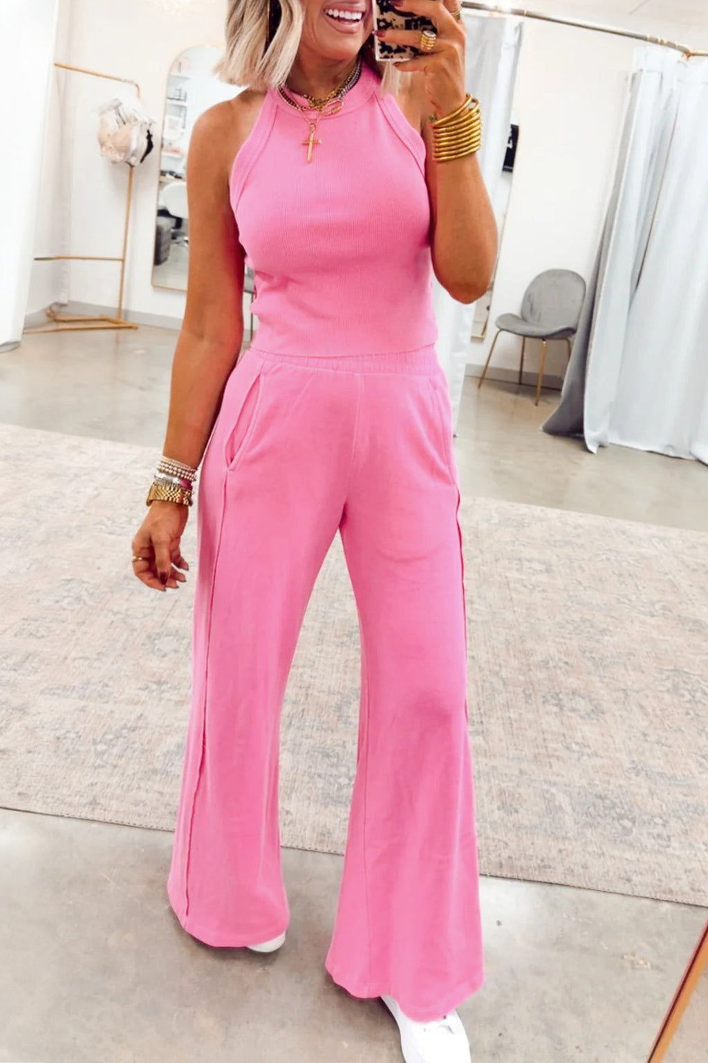 Solid Ribbed Tank Top and Sweatpants Set