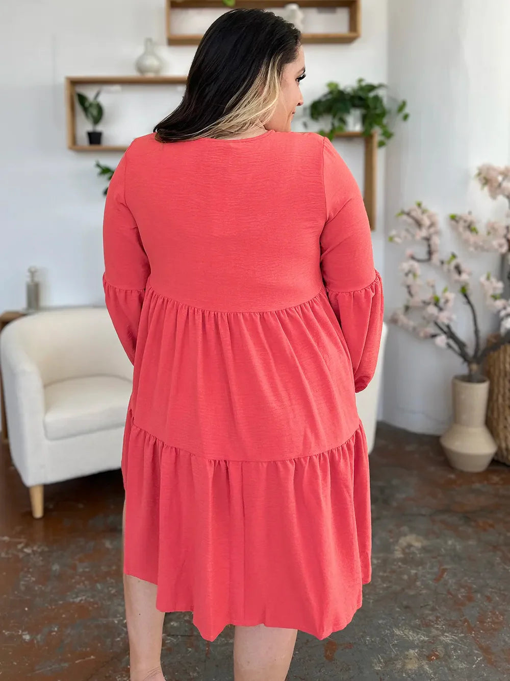 Full-Size V-Neck Balloon Sleeve Tiered Dress with Pockets