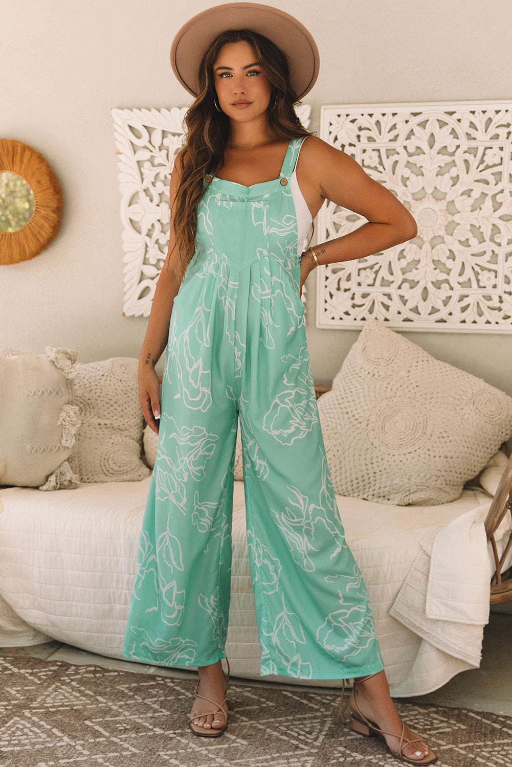 Abstract Bib Wide Leg Overall Jumpsuit
