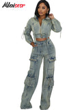 Mlaiscsr Vintage Stretch Denim 2 Piece Pants Sets Women Zip Slim Jackets and Pocket Cargo Jeans Outfit Streetwear Winter Suits