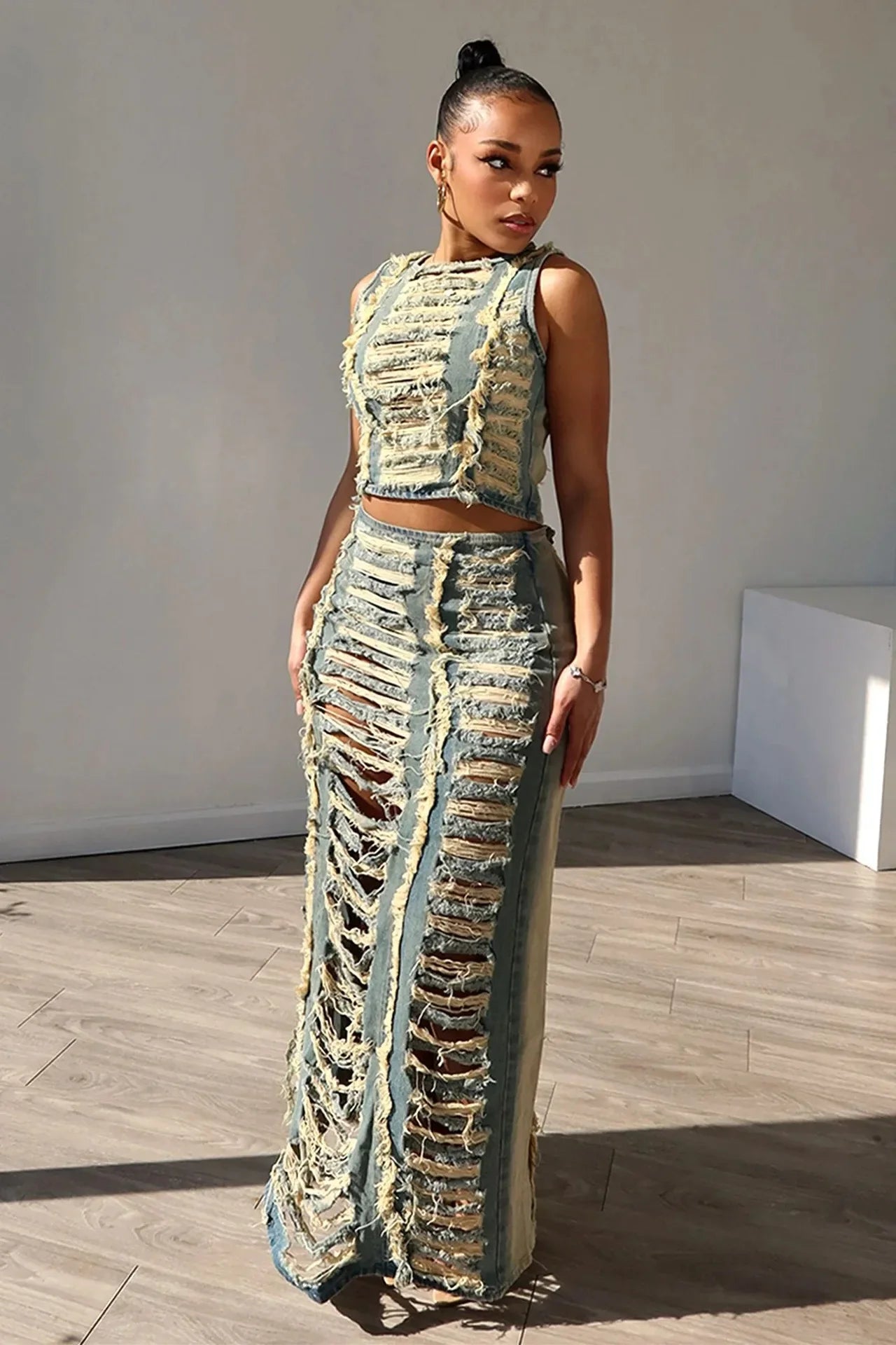 DSMTRC Women Sleeveless Crop Tank Tops and Split Side Maxi Skirt Streetwear Outfits Elegant Ripped Hole Denim Two 2 Piece Dress