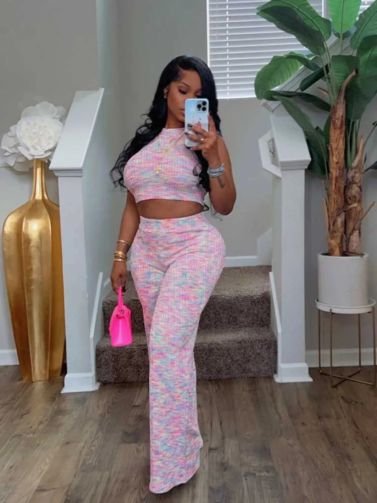 2 Piece Sets Womens Outfits Elegant Stretchy Knitted Summer Suit Sexy Sleeveless Top and Pant Suit Wholesale Dropshipping