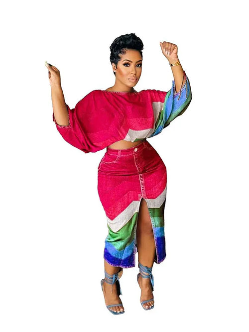 2 Piece Outfit Set Women Streetwear Summer Outfits with Skirts Fake Denim Print Elegant Chic Open Split Skirt Long Sexy Female