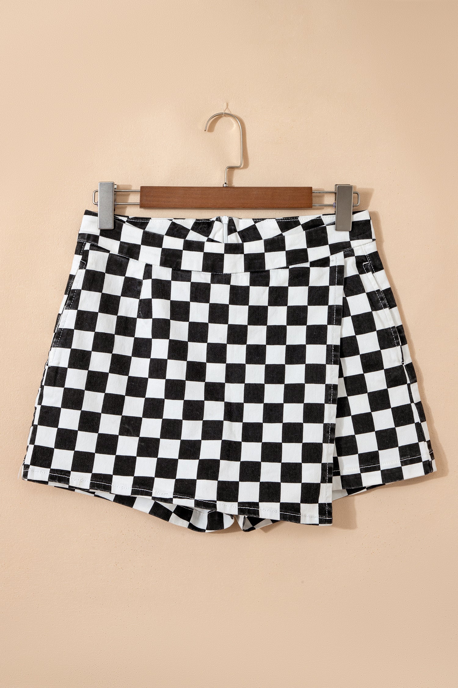 Checker Denim Pocketed Overlap Skort