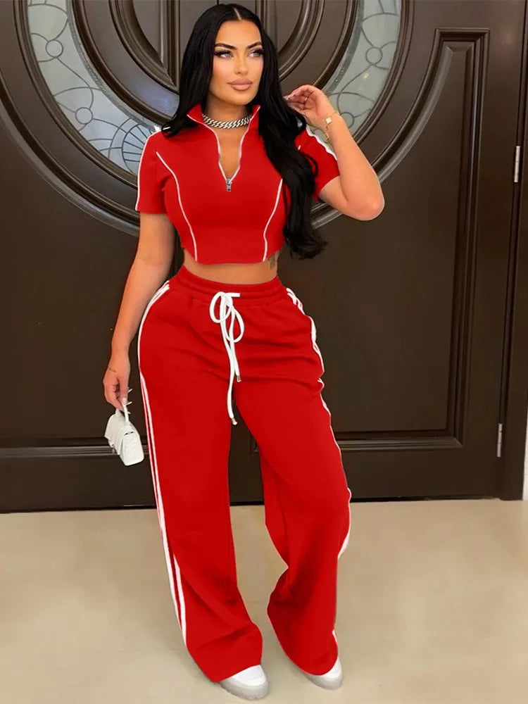 Fashion Casual Short Hoodie 2 Piece Women Summer Zipper Top Short Sleeved Sports T Shirt Stripe Splicing Long Pants Female Suit