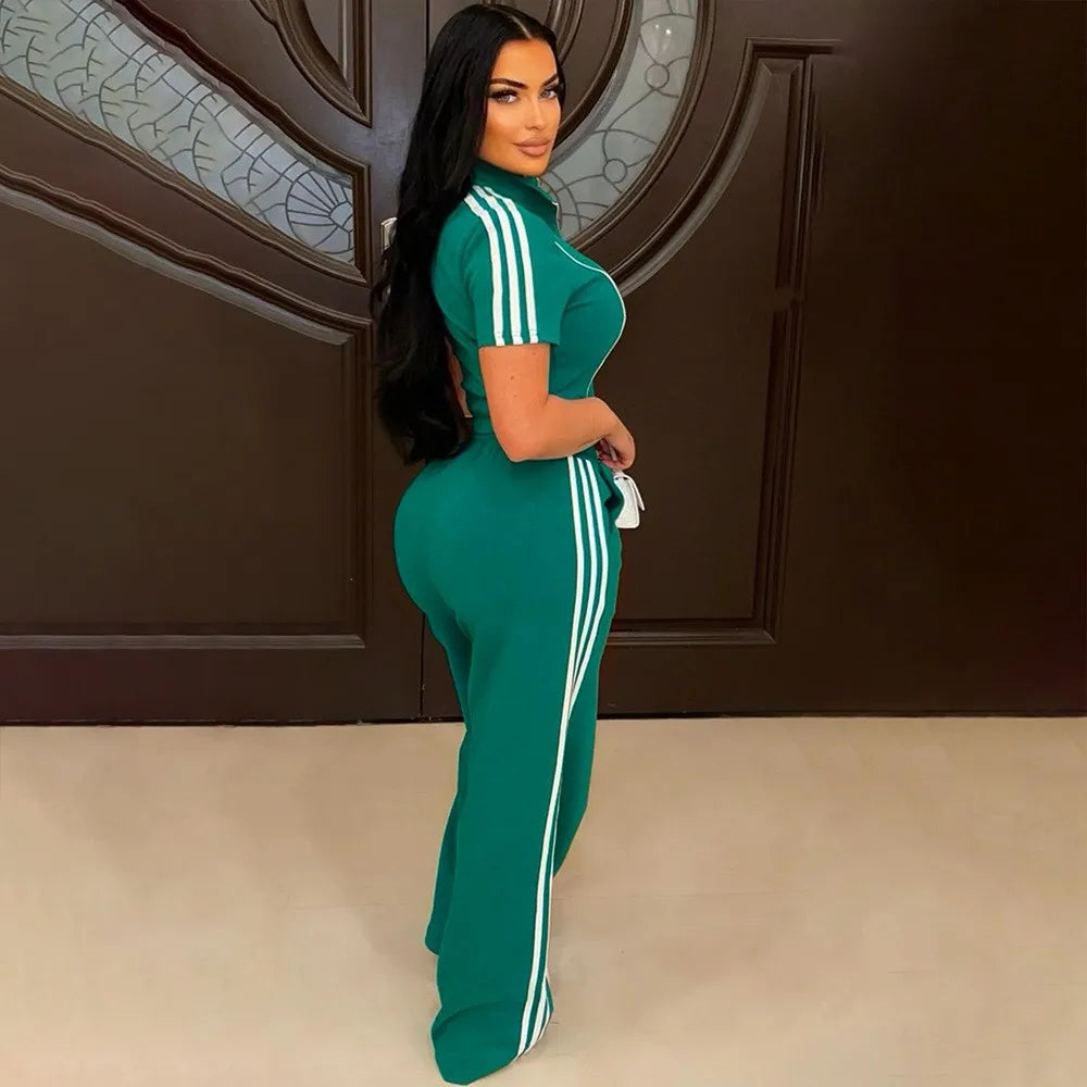 Fashion Casual Short Hoodie 2 Piece Women Summer Zipper Top Short Sleeved Sports T Shirt Stripe Splicing Long Pants Female Suit
