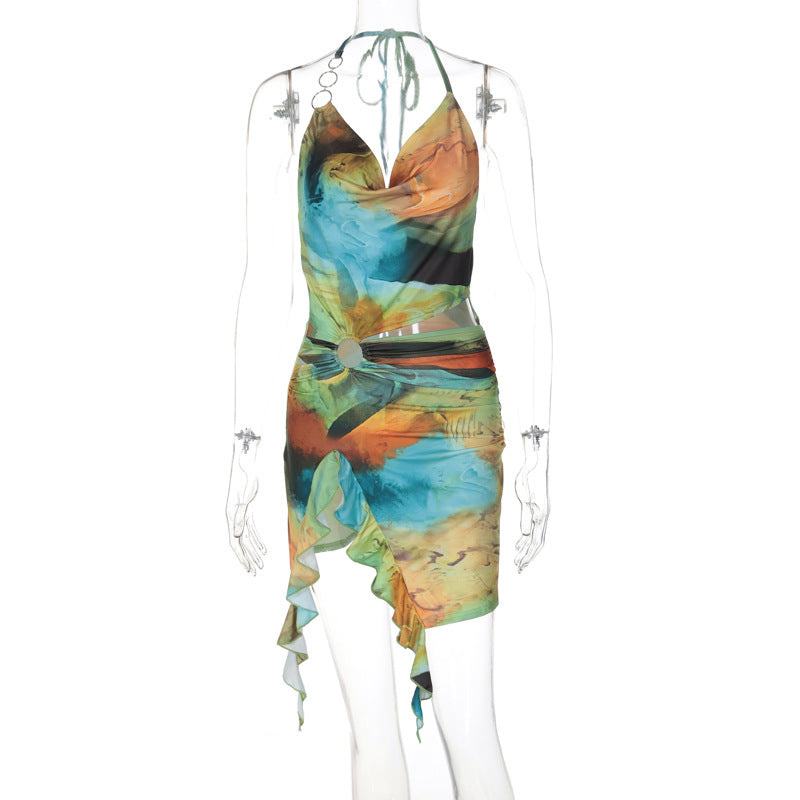 Women Clothing Summer Printing Sexy Backless Lace up Dress