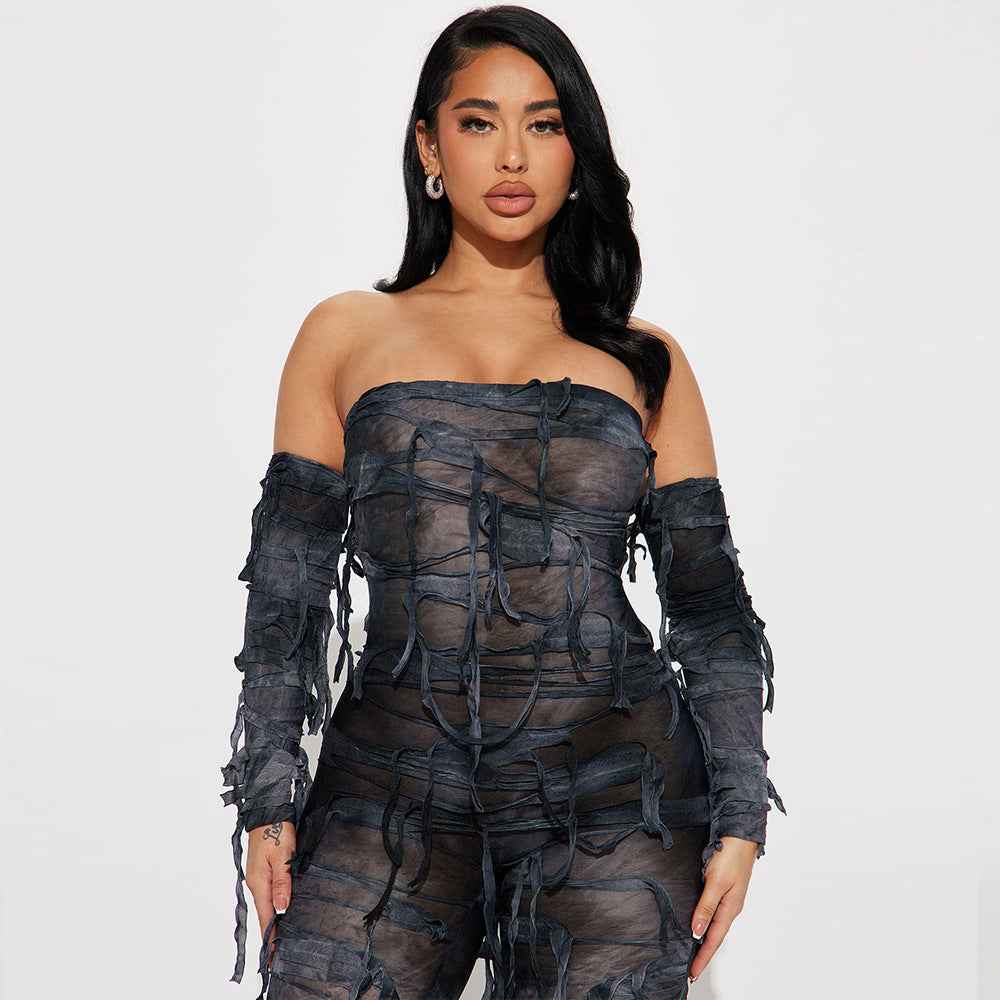 Autumn Tie Dyed Tassel Sexy Bandeau Backless Ice Sleeve Jumpsuit for Women