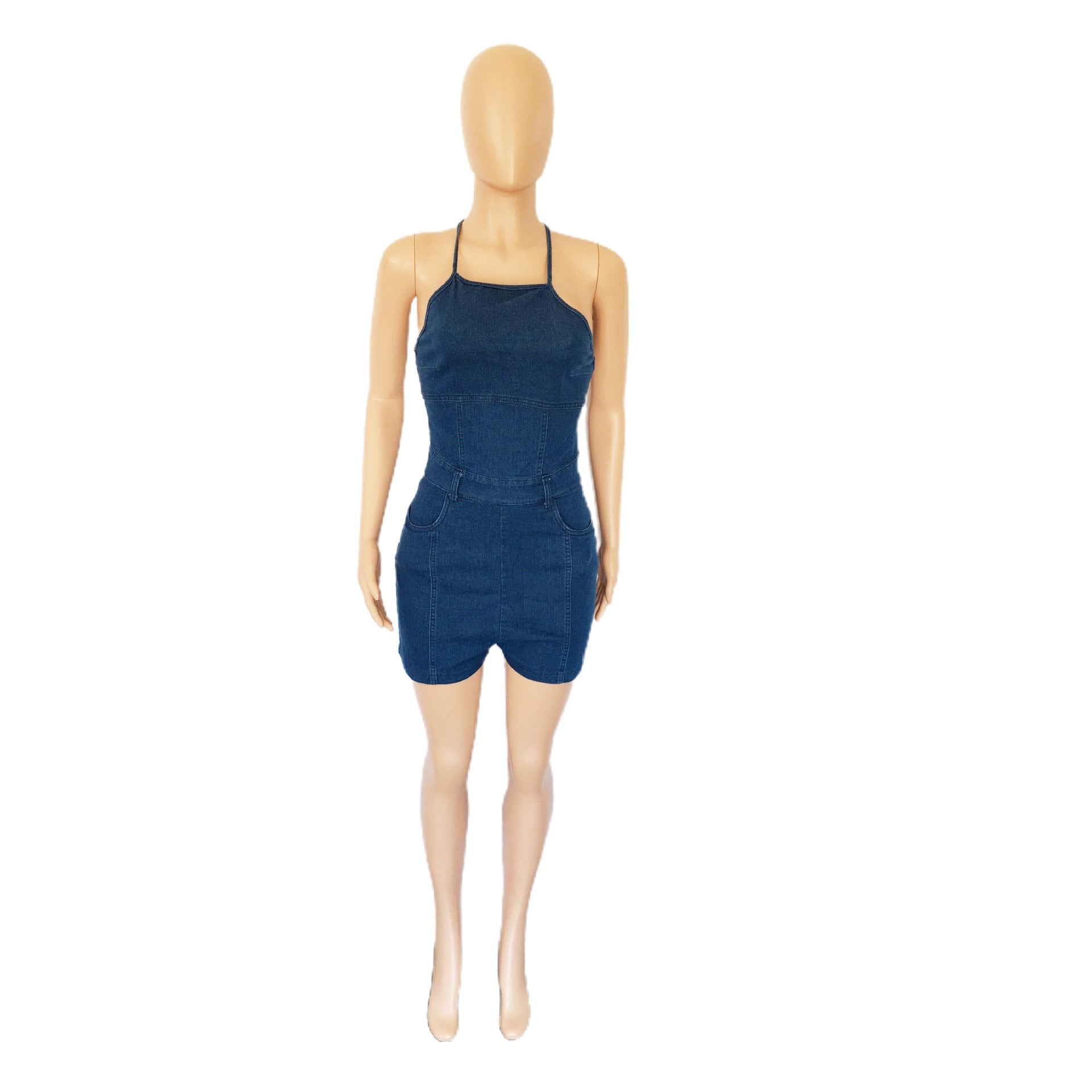 Casual Slim Fit Backless Bandage Denim Jumpsuit