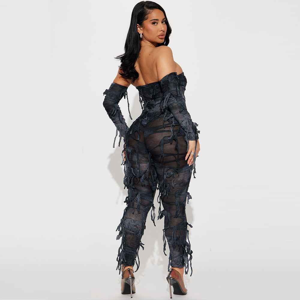 Autumn Tie Dyed Tassel Sexy Bandeau Backless Ice Sleeve Jumpsuit for Women