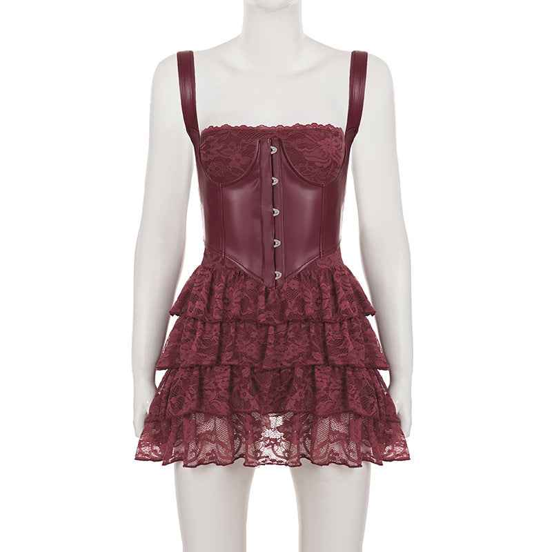 Lace Stitching Puffy Tiered Dress Summer Set