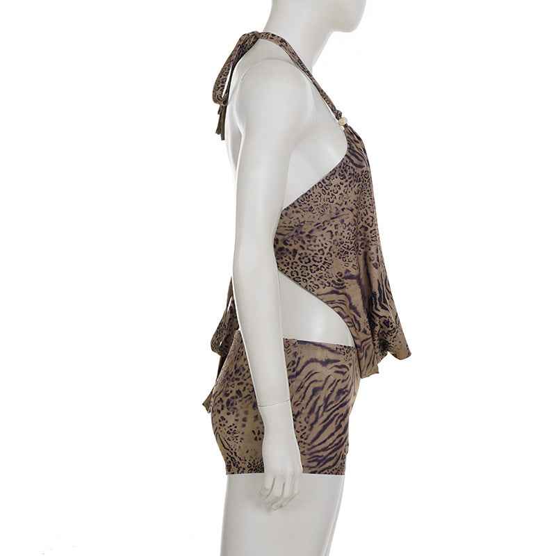 Leopard Print Lace up Halterneck Sexy Two Piece Bottoms Sets