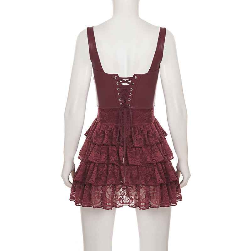 Lace Stitching Puffy Tiered Dress Summer Set