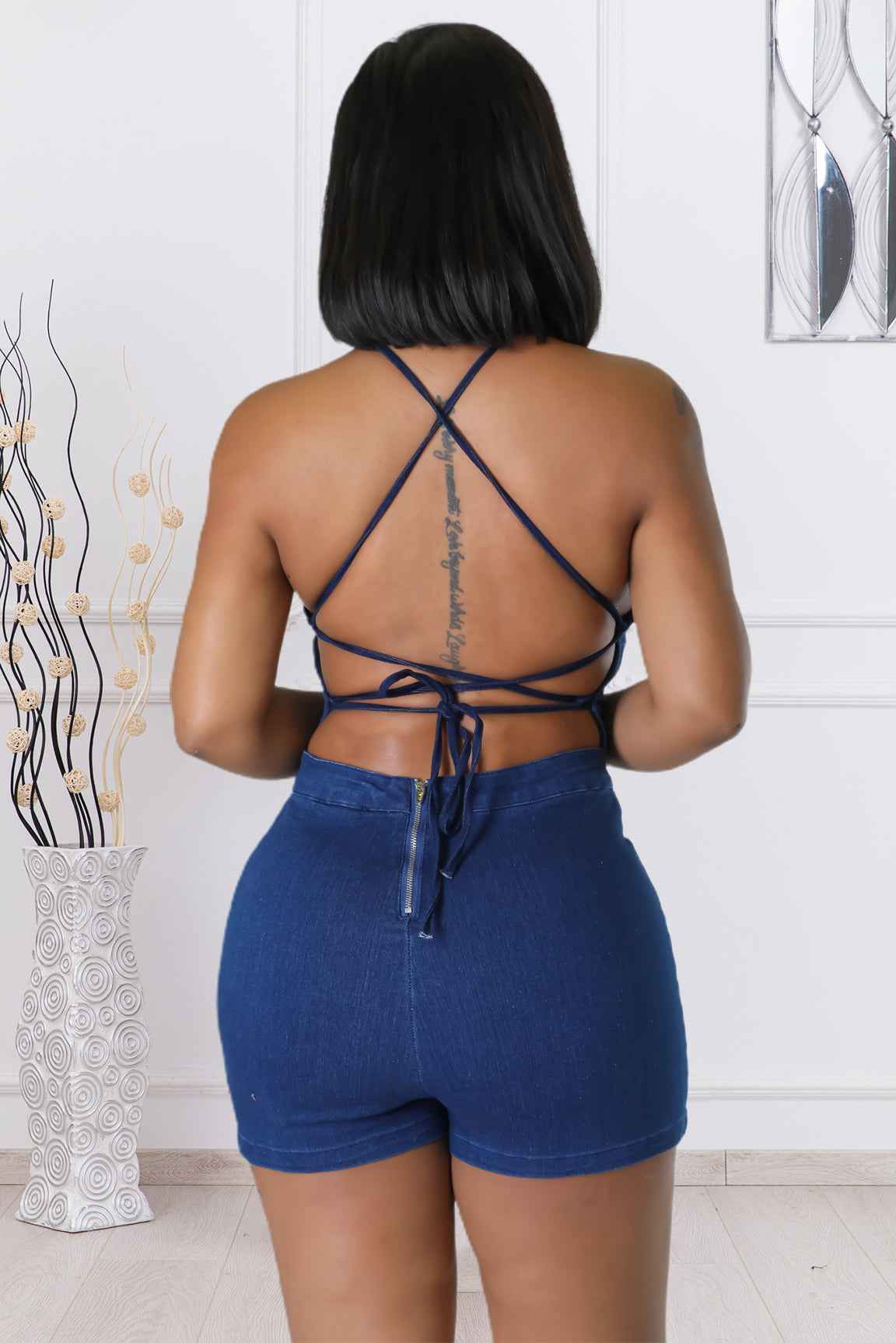 Casual Slim Fit Backless Bandage Denim Jumpsuit