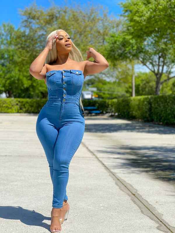 Casual Tube Top Slim Fit Denim Jumpsuit