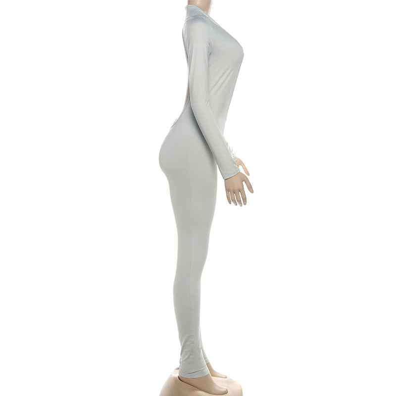 Backless Deep V Plunge Long Sleeve Solid Color Jumpsuit