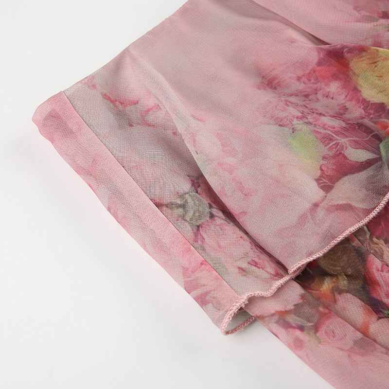 Sexy Holiday Romantic Floral Print Ruffled Skirt Sexy Irregular Asymmetric Trailing Dress with Lining