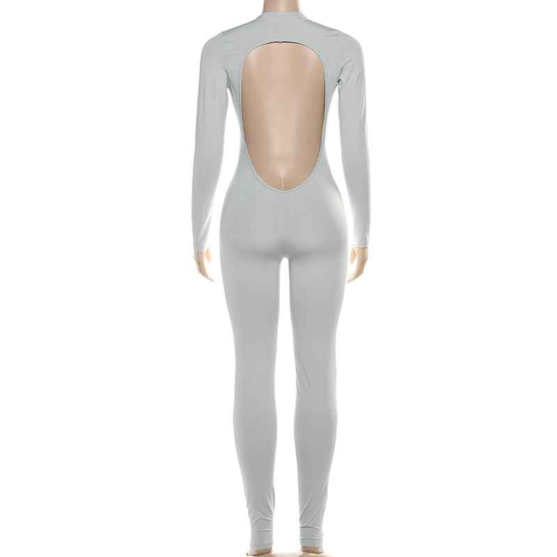 Backless Deep V Plunge Long Sleeve Solid Color Jumpsuit