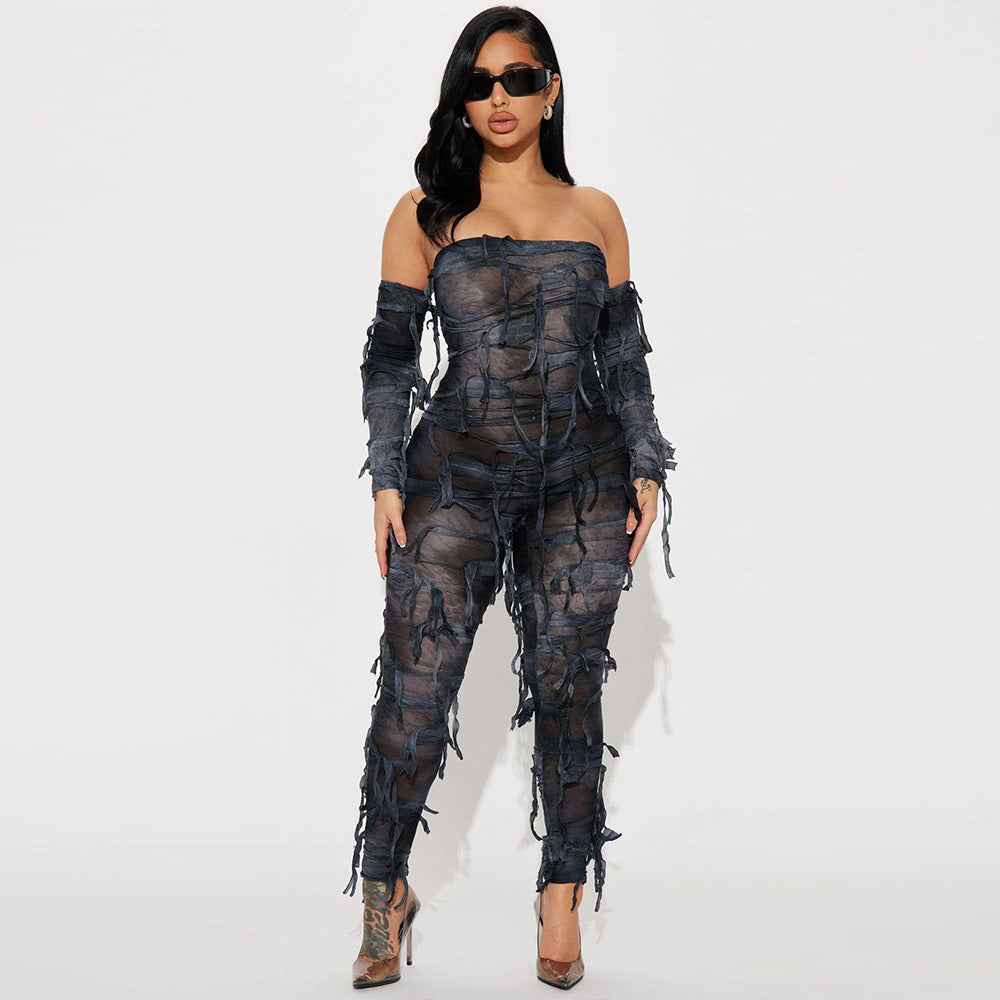 Autumn Tie Dyed Tassel Sexy Bandeau Backless Ice Sleeve Jumpsuit for Women