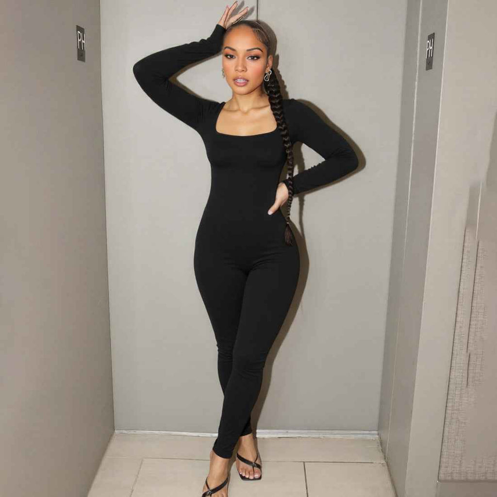 Backless Lace up Long Sleeve Solid Color Hip Lifting Jumpsuit