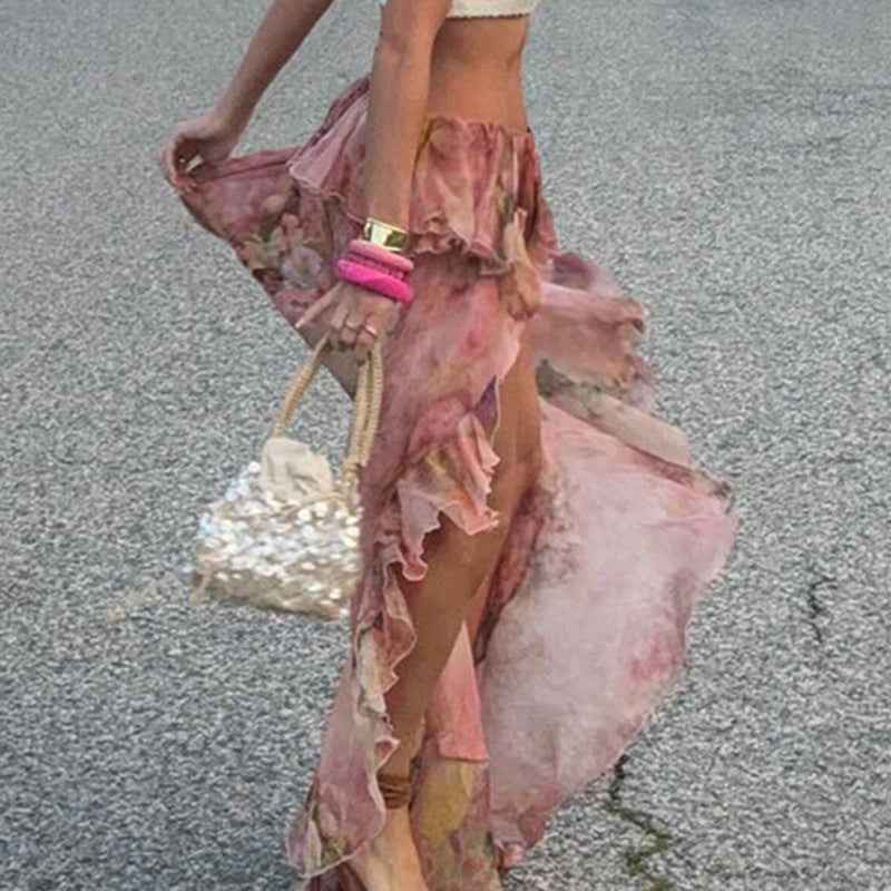 Sexy Holiday Romantic Floral Print Ruffled Skirt Sexy Irregular Asymmetric Trailing Dress with Lining