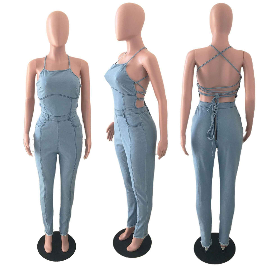 Casual Slim Fit Backless Bandage Denim Jumpsuit