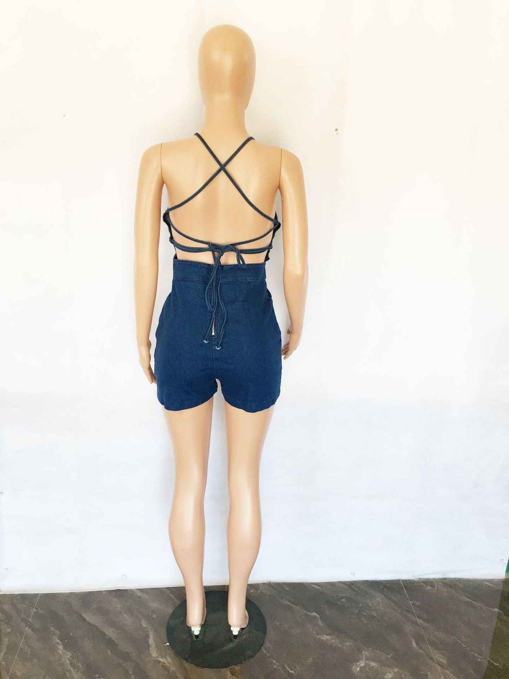 Casual Slim Fit Backless Bandage Denim Jumpsuit