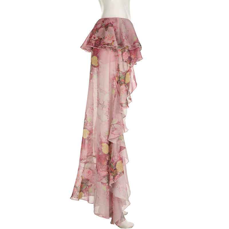 Sexy Holiday Romantic Floral Print Ruffled Skirt Sexy Irregular Asymmetric Trailing Dress with Lining