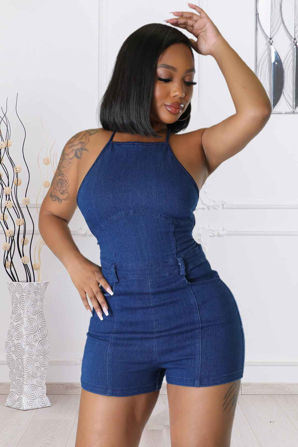 Casual Slim Fit Backless Bandage Denim Jumpsuit