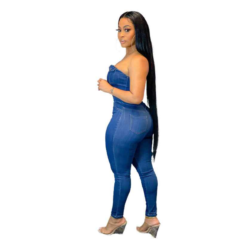 Casual Tube Top Slim Fit Denim Jumpsuit
