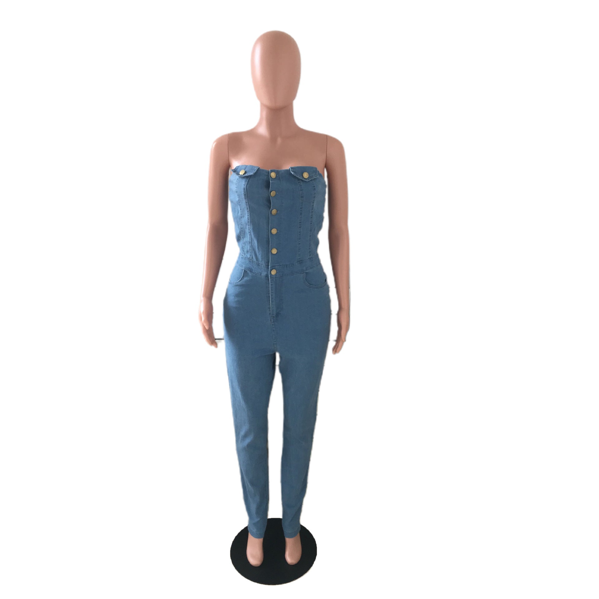 Casual Tube Top Slim Fit Denim Jumpsuit